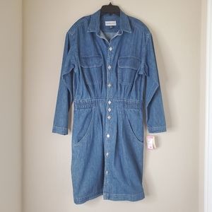Womens Denim Shirt Dress Midi Blue Pockets Sz 10 Long Sleeve Made In USA Western